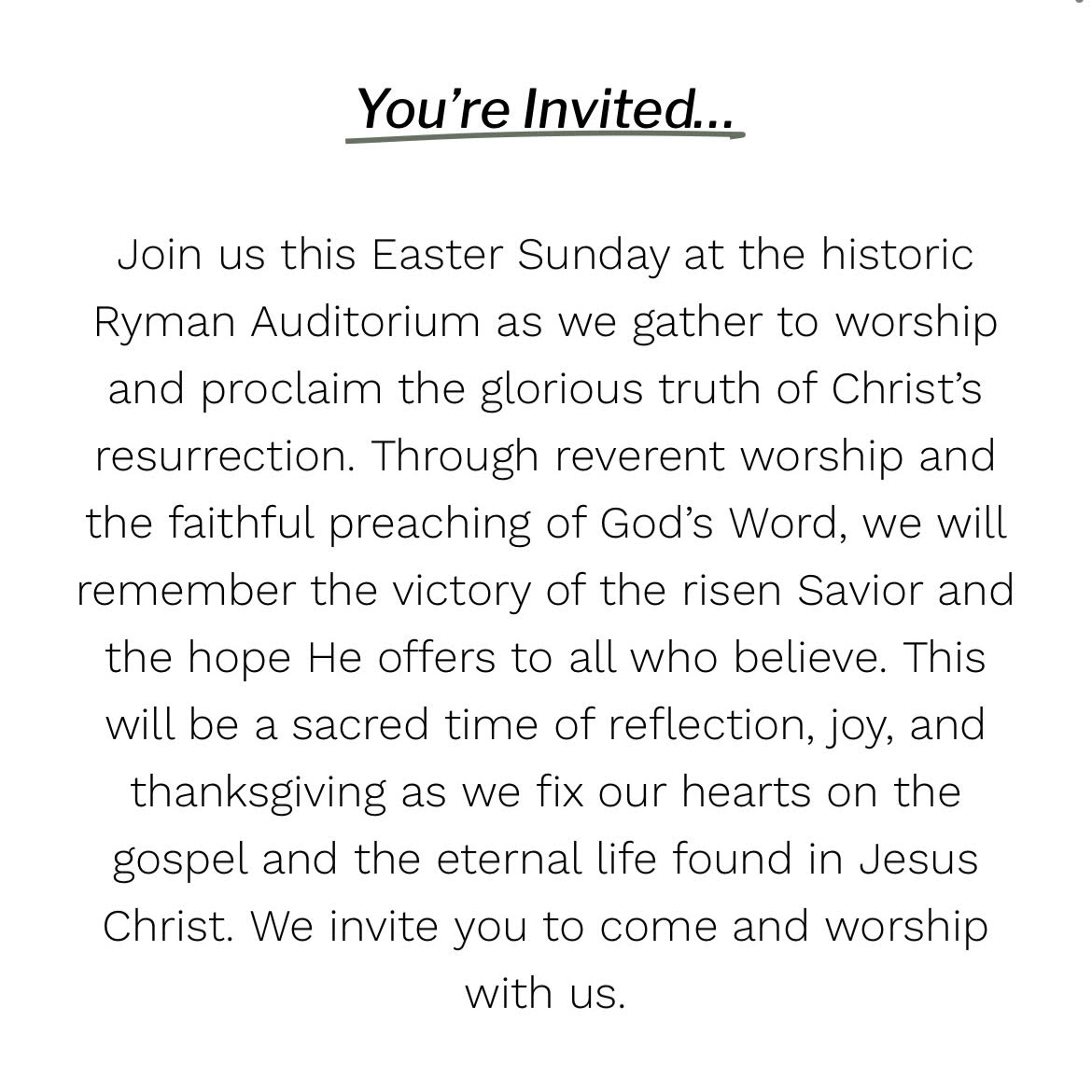 Easter Sunday invitation from the Ryman Auditorium — the card Joe read to his nurse